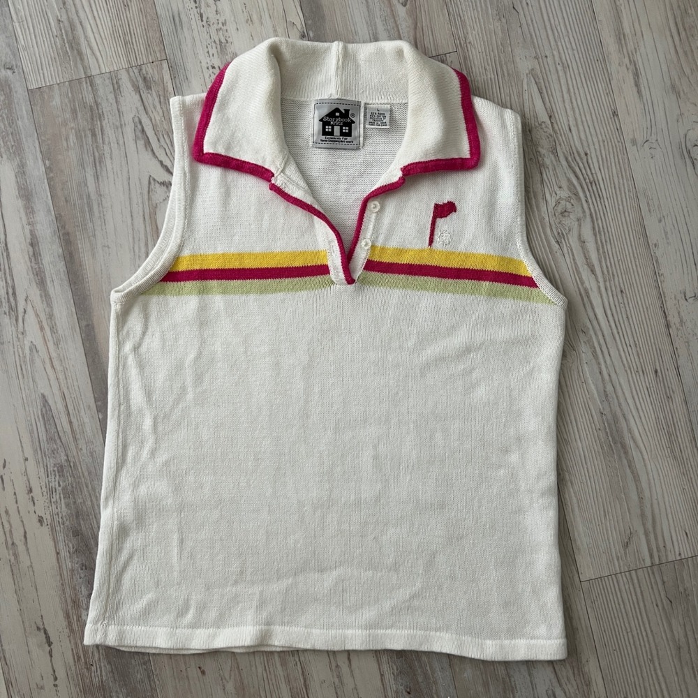 Storybook Knits Golf Stars White Sleeveless Polo Tank Embroidered Golf Flag Sz L